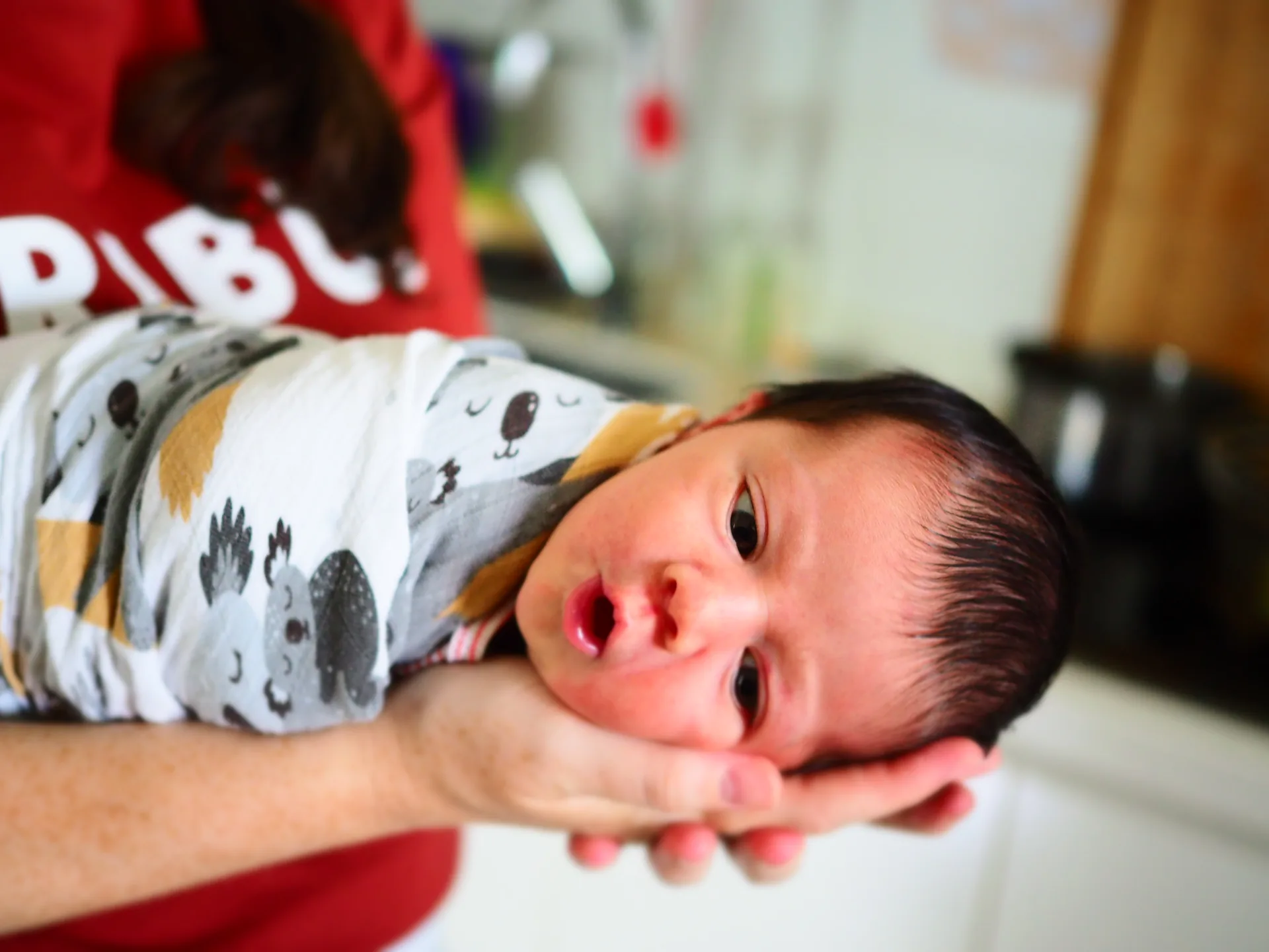 Charlotte gently holding a swaddled newborn during a private antenatal session in Singapore